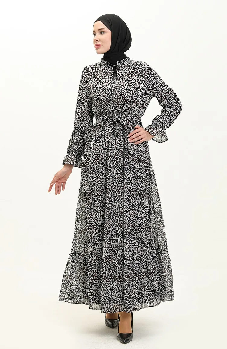 Leopar Desenli Elbise Ekru 12230