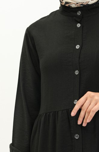 Vorne geknöpftes gerafftes Kleid 0205-03 Schwarz 0205-03