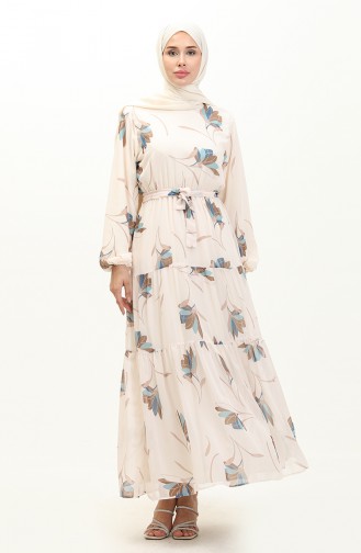 Shirred Belted Chiffon Dress 7005-08 Cream İndigo 7005-08