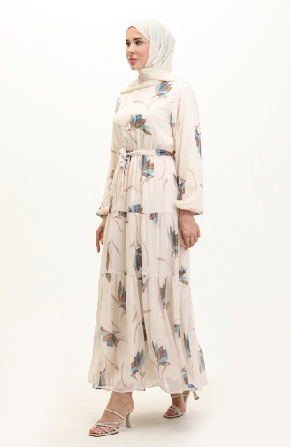 Shirred Belted Chiffon Dress 7005-08 Cream İndigo 7005-08