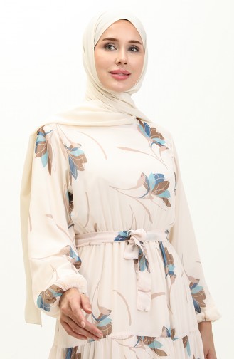 Shirred Belted Chiffon Dress 7005-08 Cream İndigo 7005-08