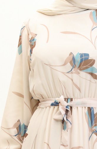 Shirred Belted Chiffon Dress 7005-08 Cream İndigo 7005-08