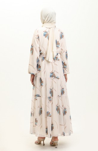 Shirred Belted Chiffon Dress 7005-08 Cream İndigo 7005-08
