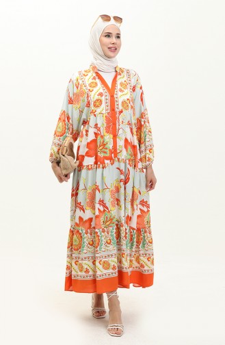 Alaçatı Desenli Viskon Elbise 1003-01 Oranj