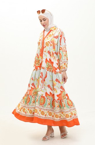 Alaçatı Desenli Viskon Elbise 1003-01 Oranj