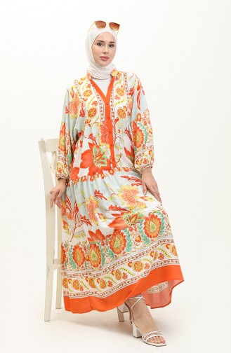 Alaçatı Desenli Viskon Elbise 1003-01 Oranj