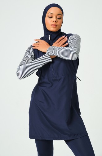 Striped Sleeve Hijab Swimsuit 23261-01 Dark Blue 23261-01