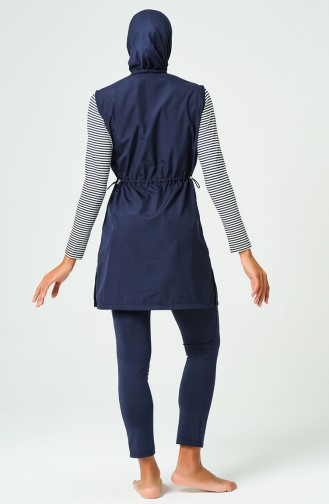 Striped Sleeve Hijab Swimsuit 23261-01 Dark Blue 23261-01
