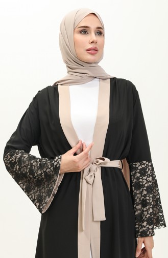 Dantel Detaylı Abaya Bej 12212