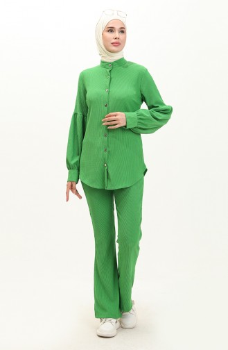 Bürümcük Kumaş Tunik Pantolon İkili Takım 6106-05 Yeşil