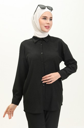 Bürümcük Kumaş Tunik Pantolon İkili Takım 6107-01 Siyah