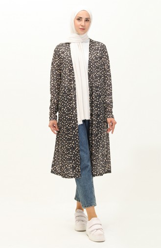 Floral Patterned Long Cardigan 8637-01 Black 8637-01