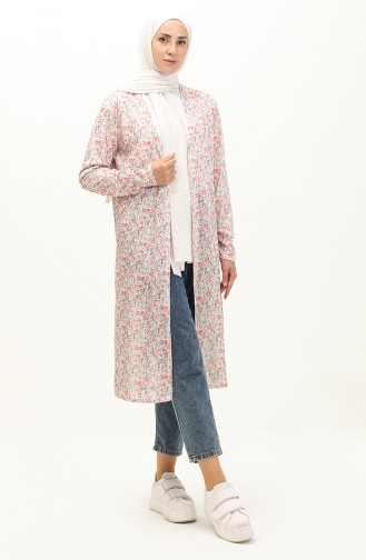 Patterned Long Cardigan 8638-01 Ecru Pink 8638-01