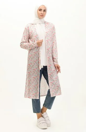 Patterned Long Cardigan 8638-01 Ecru Pink 8638-01