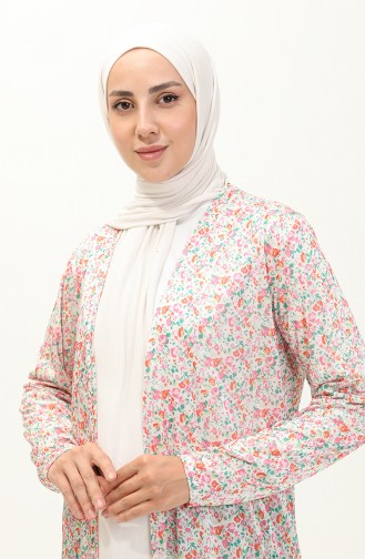 Desenli Uzun Hırka 8638-01 Ekru Pembe