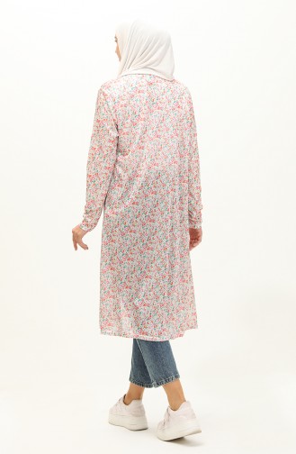 Patterned Long Cardigan 8638-01 Ecru Pink 8638-01