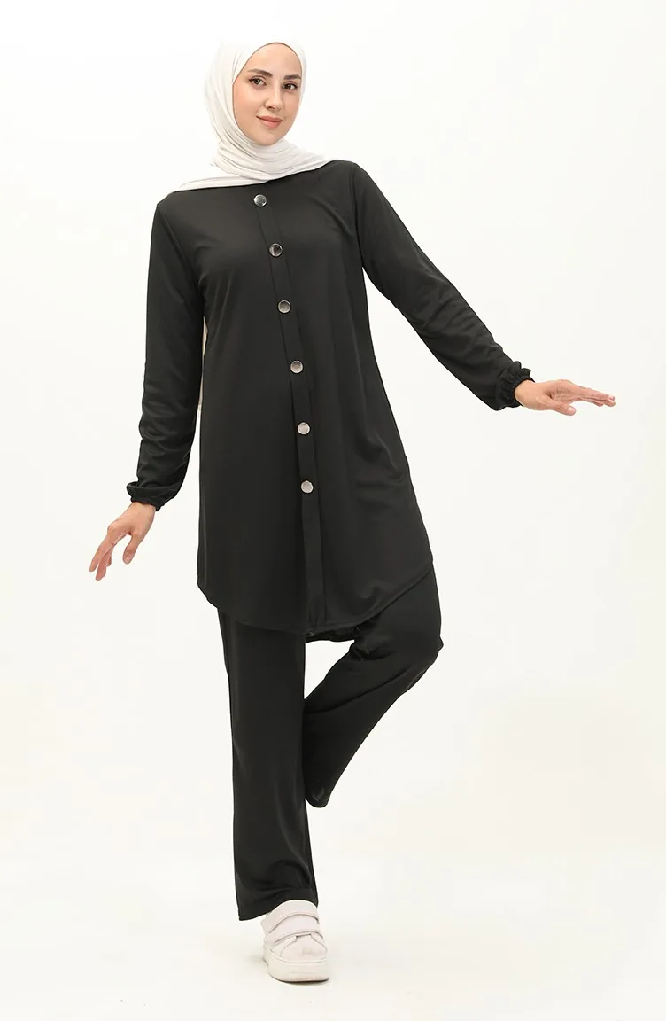 Buttoned Tunic Pants Double Suit 1720-01 Black 1720-01