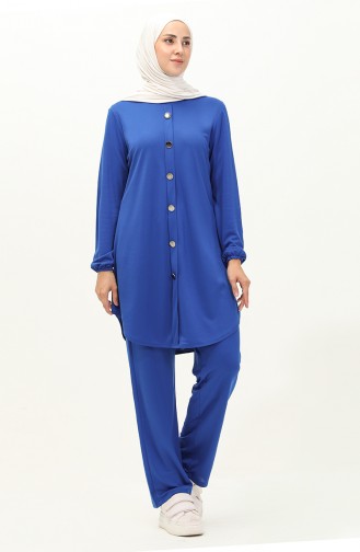 Düğmeli Tunik Pantolon İkili Takım 1720-04 Saks