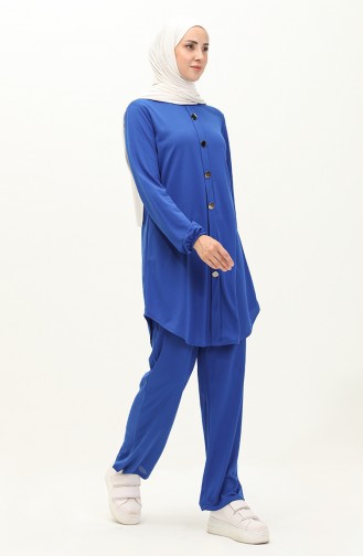 Düğmeli Tunik Pantolon İkili Takım 1720-04 Saks