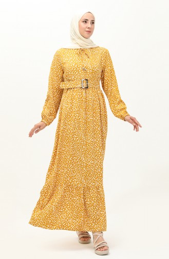 Viscose Belted Patterned Dress 2204-01 Mustard 2204-01