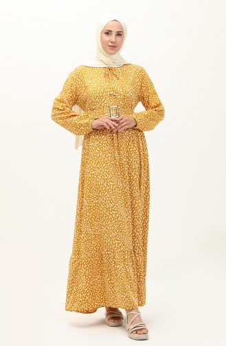 Viscose Belted Patterned Dress 2204-01 Mustard 2204-01