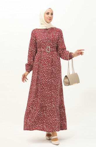 Viscose Belted Patterned Dress 2204-05 Claret Red 2204-05