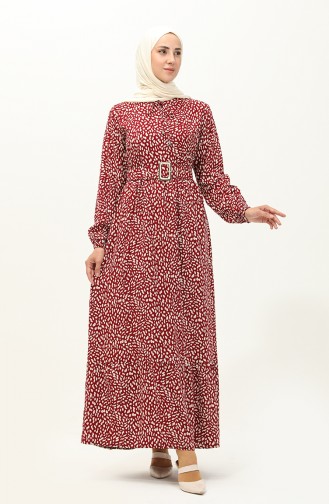 Viscose Belted Patterned Dress 2204-05 Claret Red 2204-05