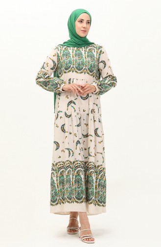 Gemustertes Leinen Kleid 1888-01 Grün Creme 1888-01