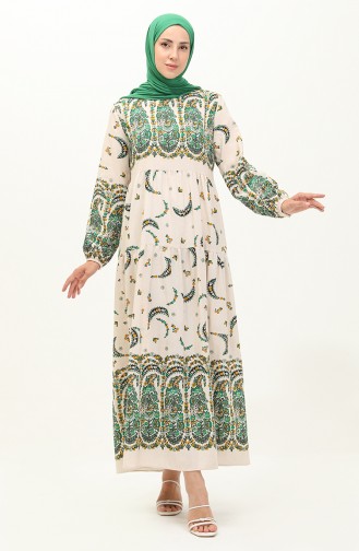 Gemustertes Leinen Kleid 1888-01 Grün Creme 1888-01