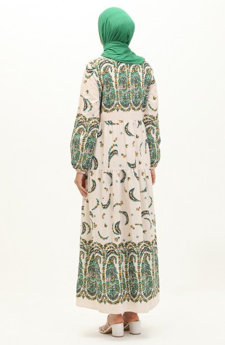 Gemustertes Leinen Kleid 1888-01 Grün Creme 1888-01