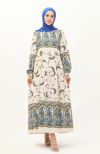 Gemustertes Leinen Kleid 1888-03 Blau Creme 1888-03