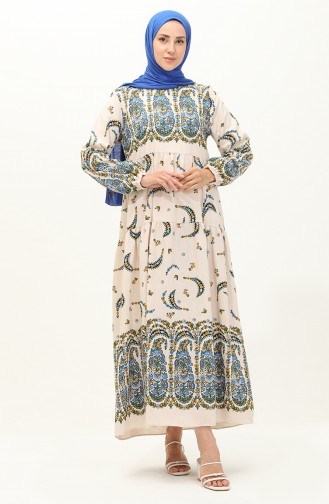 Gemustertes Leinen Kleid 1888-03 Blau Creme 1888-03