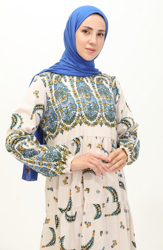 Gemustertes Leinen Kleid 1888-03 Blau Creme 1888-03