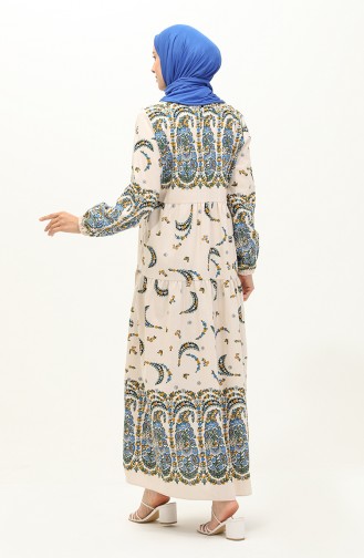 Gemustertes Leinen Kleid 1888-03 Blau Creme 1888-03