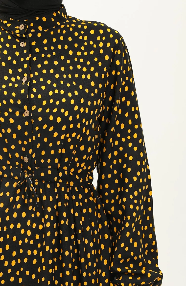 Polka Dot Cotton Dress 0116-03 Black Yellow 0116-03 | Sefamerve