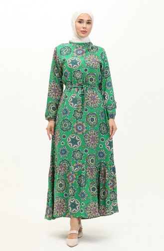 Viscose Patterned Belted Dress 0117-02 Green 0117-02