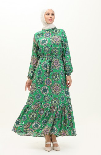 Viscose Patterned Belted Dress 0117-02 Green 0117-02
