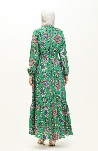 Viskon Desenli Kuşaklı Elbise 0117-02 Yeşil