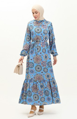 Viscose Patterned Belted Dress 0117-03 Blue 0117-03