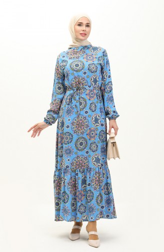 Viscose Patterned Belted Dress 0117-03 Blue 0117-03
