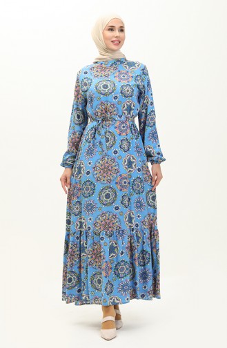 Viskon Desenli Kuşaklı Elbise 0117-03 Mavi