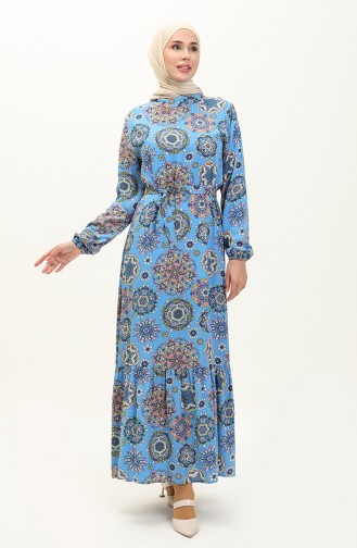 Viscose Patterned Belted Dress 0117-03 Blue 0117-03