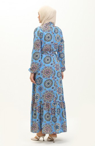 Viskon Desenli Kuşaklı Elbise 0117-03 Mavi