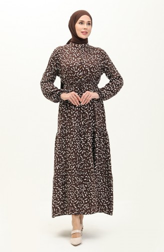 Front Buttoned Patterned Viscose Dress 0119-01 Brown 0119-01