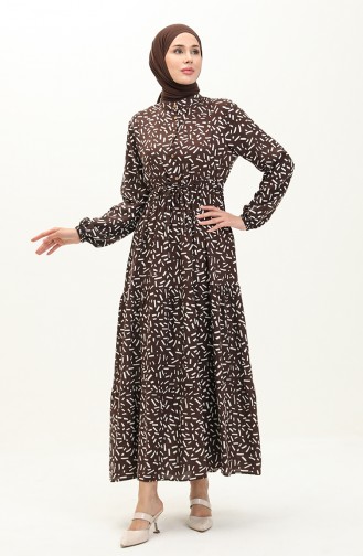 Front Buttoned Patterned Viscose Dress 0119-01 Brown 0119-01