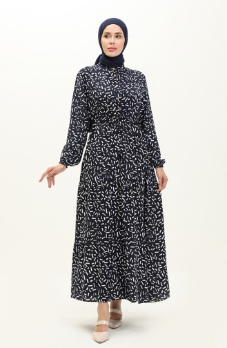 Front Buttoned Patterned Viscose Dress 0119-02 Navy Blue 0119-02