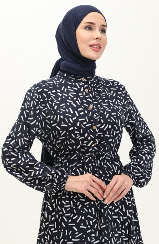 Front Buttoned Patterned Viscose Dress 0119-02 Navy Blue 0119-02