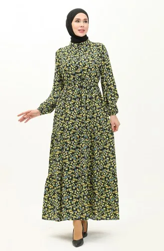 Geblümtes Baumwollkleid 0120-01 Gelb Schwarz 0120-01