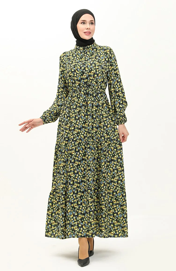 Geblümtes Baumwollkleid 0120-01 Gelb Schwarz 0120-01
