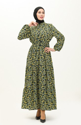 Floral Print Cotton Dress 0120-01 Yellow Black 0120-01